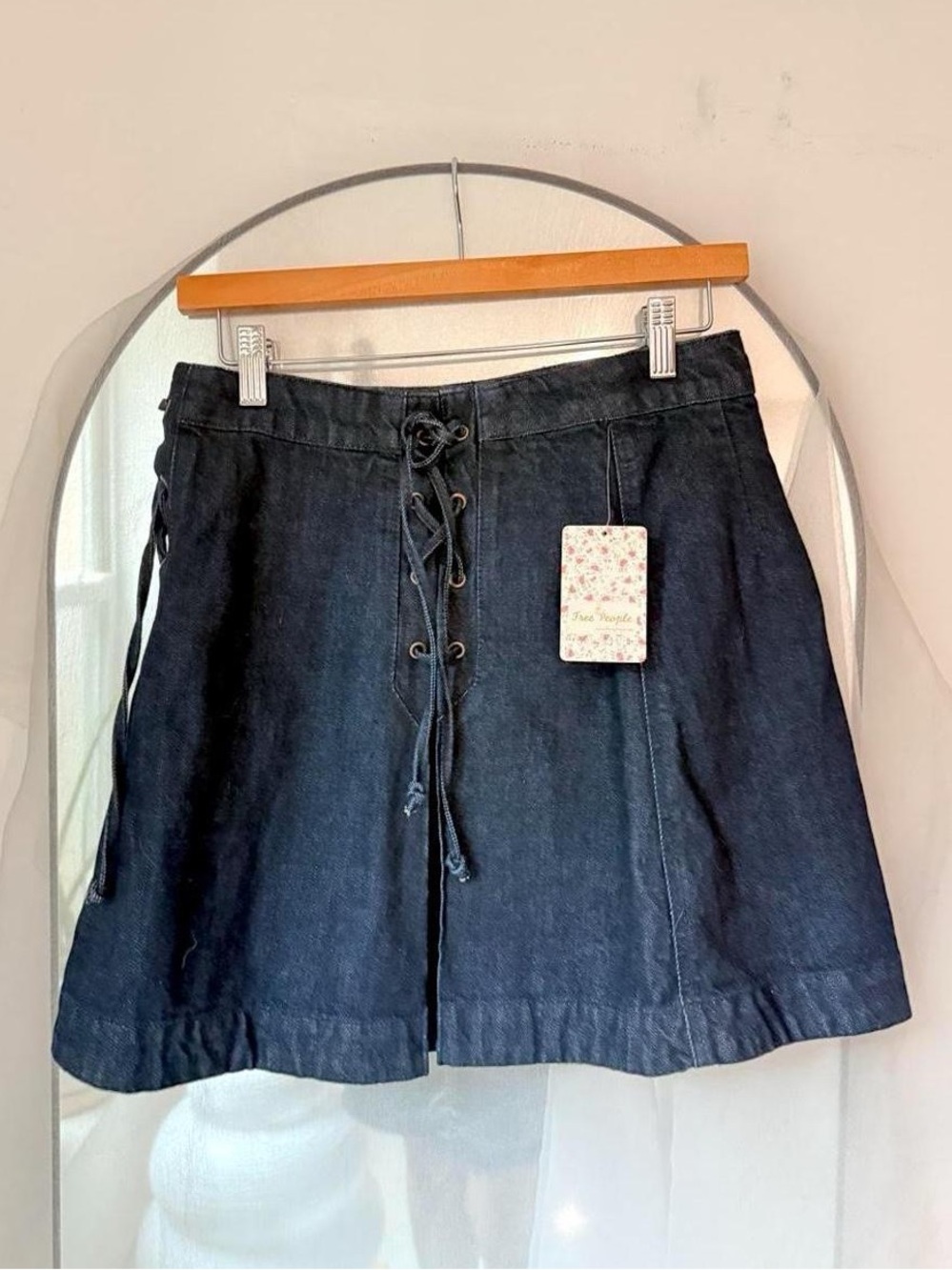 NWT Free People Pleated Denim Lace-Mini Skirt - Blue size 8